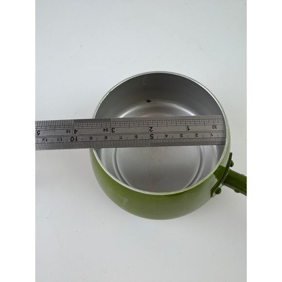 Vintage Tiny Avocado Fondue Pot Aluminum Wooden Single Handle with Lid - Picture 8 of 9